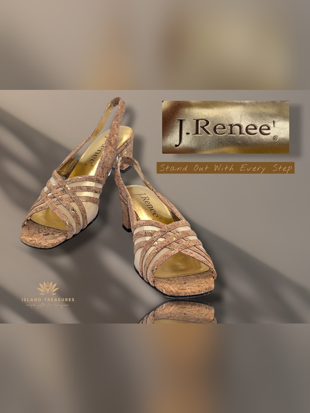 J.Renee "Janie" Sz 8.5N Elegant Strappy Cork & Gold Slingback Sandals Cushionen